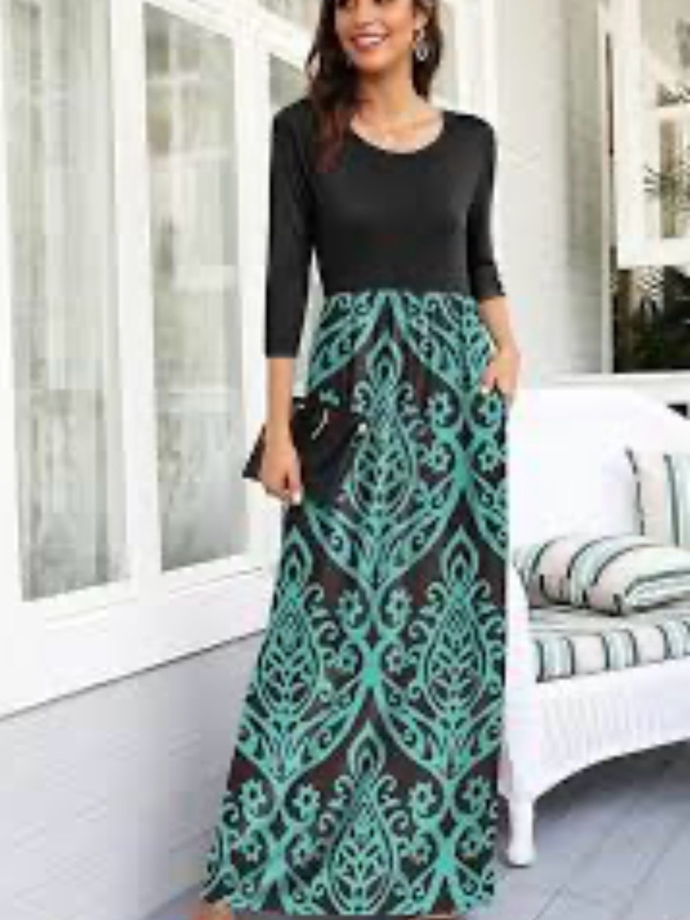 Modern Boho Black Teal Damask Patterned Maxi Dress 3/4 Sleeves Pockets